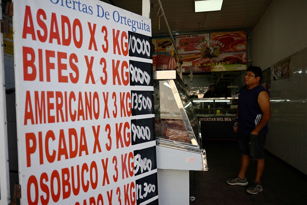 A sign with meat prices is seen at the entrance of a butcher shop in Buenos Aires, Argentina, December 12, 2023. /CFP