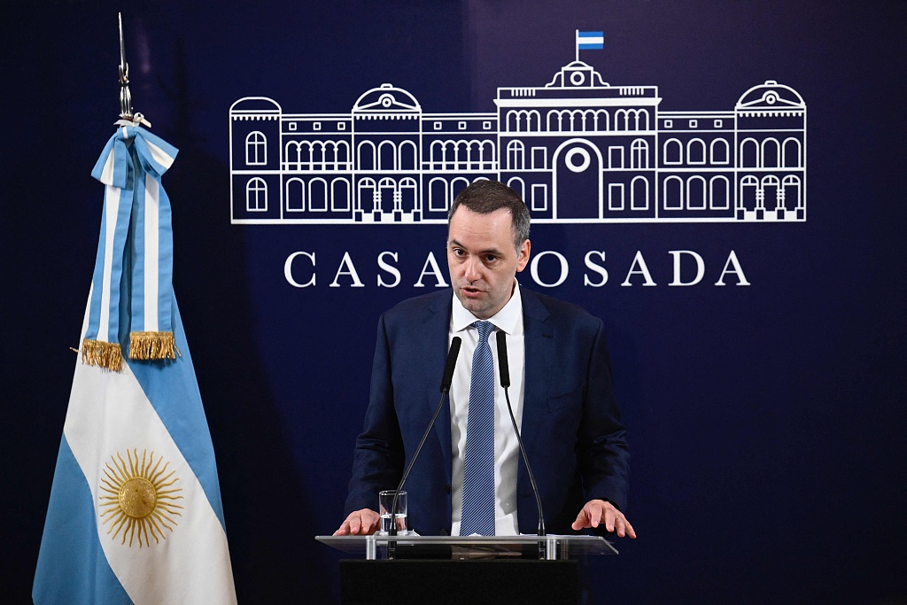 Argentina's presidential spokesperson Manuel Adorni delivers a press conference at Casa Rosada presidential palace in Buenos Aires, Argentina, December 11, 2023. /CFP