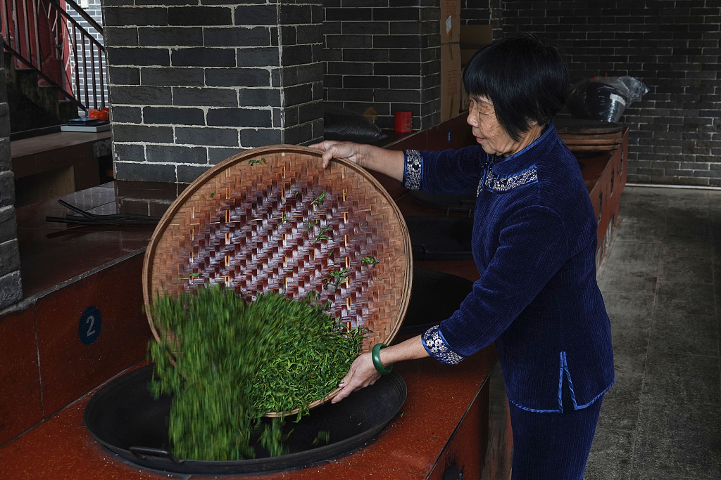 Photo taken on December 10, 2023 shows Wei Jiequn making Liubao tea in Guangxi. /CFP
