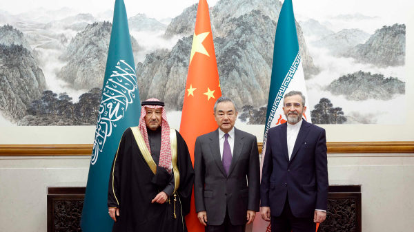 Wang Yi (C), member of the Political Bureau of the Communist Party of China (CPC) Central Committee and director of the Office of the Foreign Affairs Commission of the CPC Central Committee, meets with Saudi Deputy Foreign Minister Waleed Elkhereiji (L) and Iranian Deputy Foreign Minister for Political Affairs Ali Bagheri Kani in Beijing, China, December 15, 2023. /Chinese Foreign Ministry
