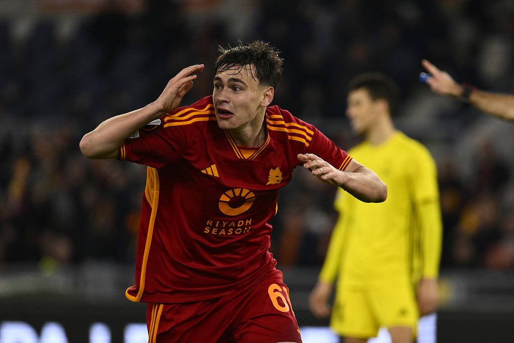 Nicolo Pisilli of Roma reacts after scoring to make it 3-0 during their clash with Sheriff Tiraspol at the Olympic Stadium in Rome, Italy, December 14, 2023. /CFP