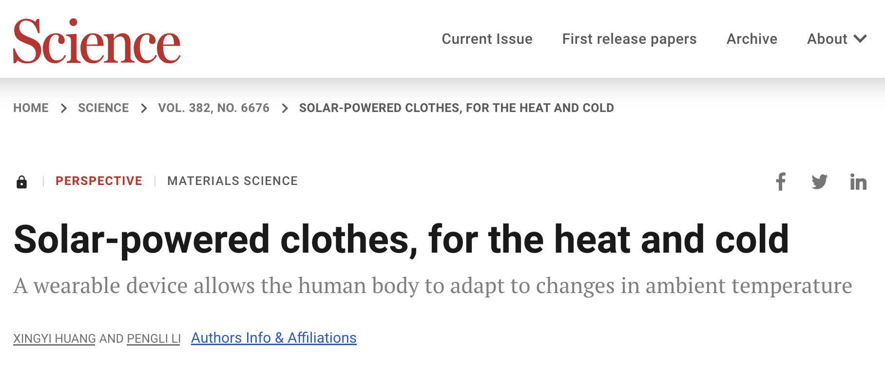 A screenshot of the study published in the journal Science. 