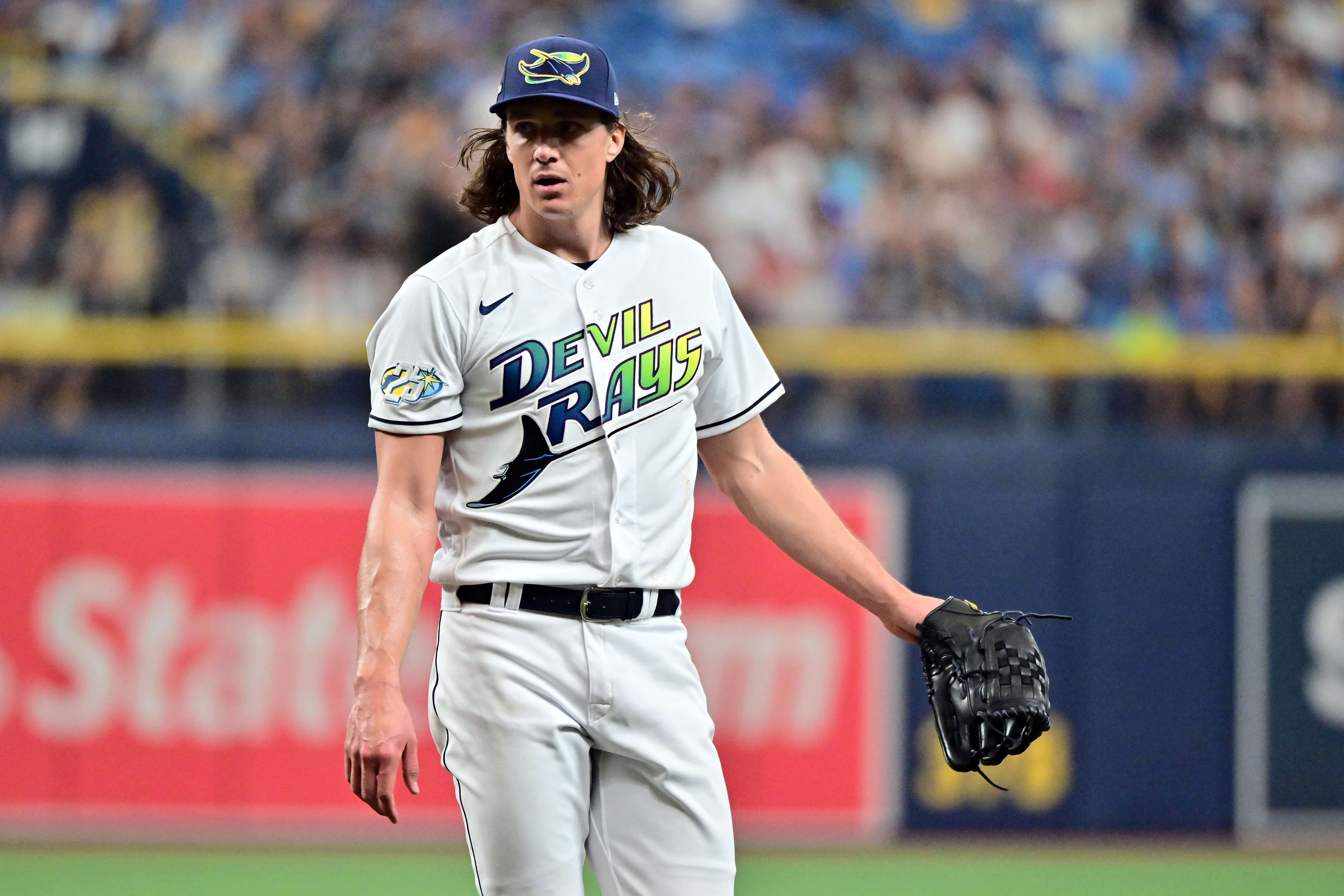 Pitcher Tyler Glasnow of the Tampa Bay Rays looks on in Game 1 of the American League Wild Card Series against the Texas Rangers at Tropicana Field in St Petersburg, Florida, October 3, 2023. /CFP 