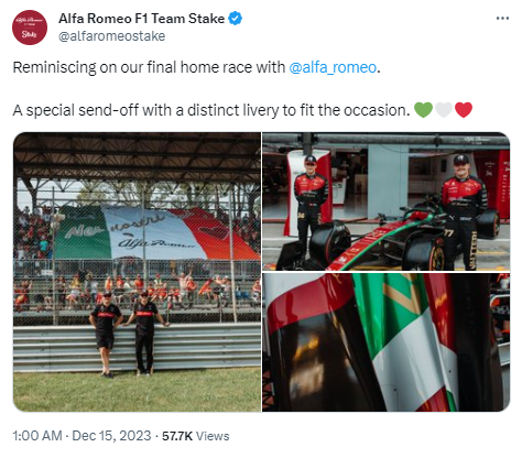 Alfa Romeo F1 Team Stake's tweet on December 15 about reminiscing on their final home race with Alfa Romeo. /@Alfa Romeo F1 Team Stake