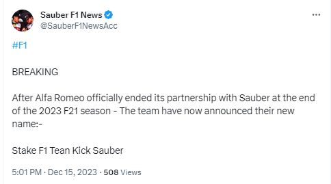 Sauber F1 News' tweet on December 15 about their rebranding in the new season. /@SauberF1NewsAcc