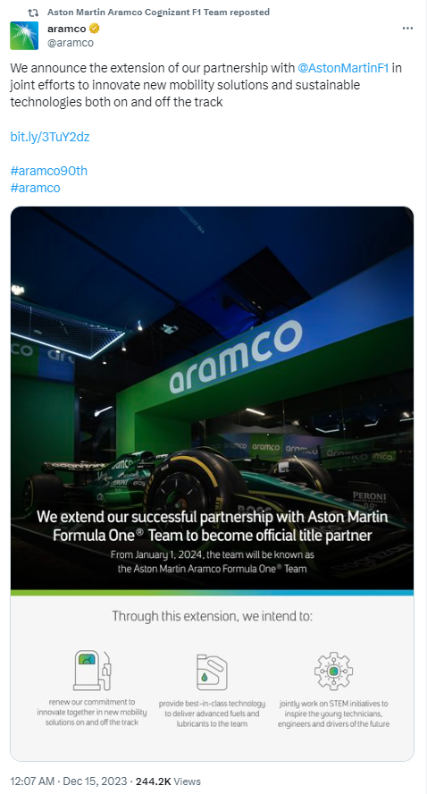 Aramco's tweet on December 15, retweeted by Aston Martin F1 Team, about their partnership. /@aramco