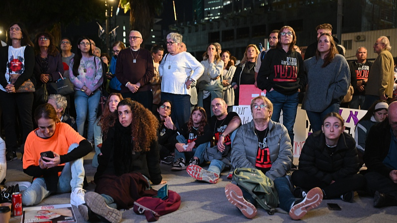 Families of hostages and their supporters rally outside The Museum of Art, known as the 'The Hostages and Missing Square,' in Tel Aviv, Israel, December 16, 2023. /CFP