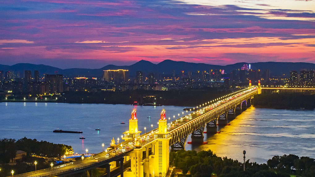 Aerial view of the Nanjing Yangtze River Bridge at night in Nanjing, China on July 30, 2023./CFP