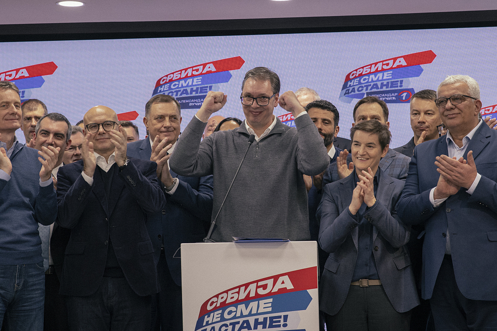 Serbian President Aleksandar Vucic addresses the media at the headquarters of Serbian Progressive Party in Belgrade, Serbia, December 17, 2023. /CFP