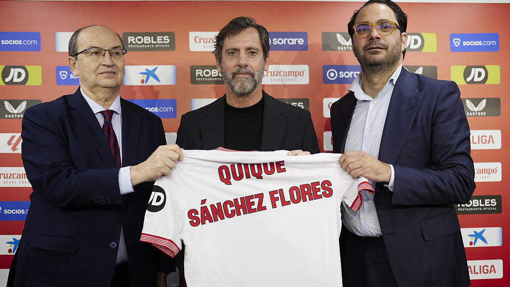Sevilla president Jose Castro, new manager Sanchez Flores, and the club's Sporting Director, Victor Orta at a press conference in Seville, Spain, December 18, 2023. /CFP
