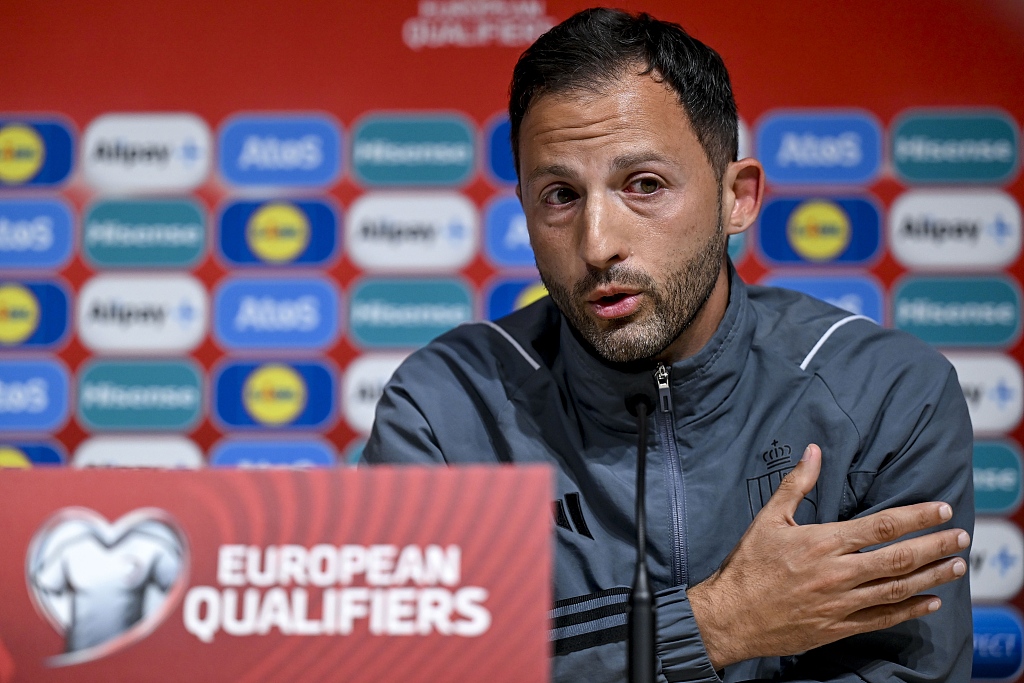 Domenico Tedesco, manager of Belgium, attends the post-game press conference in Tallinn, Estonia, June 19, 2023. /CFP