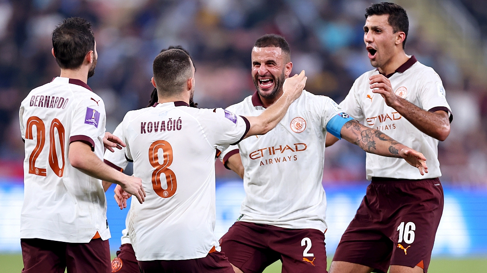 Manchester City players celebrate during their Club World Cup clash with Urawa Red Diamonds at King Abdullah Sports City in Jeddah, Saudi Arabia, December 19, 2023. /CFP