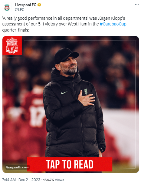 Liverpool FC's tweet on December 21 about the team's 5-1 victory over West Ham United in their English League Cup quarterfinal. /@LFC