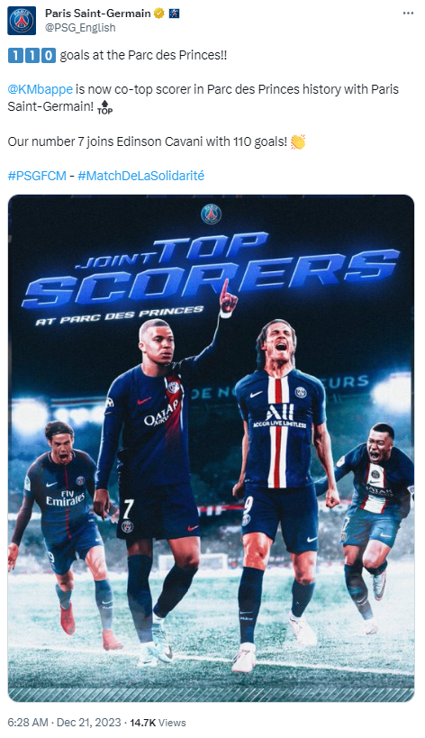 PSG's tweet on December 21 about Kylian Mbappe. /@PSG_English