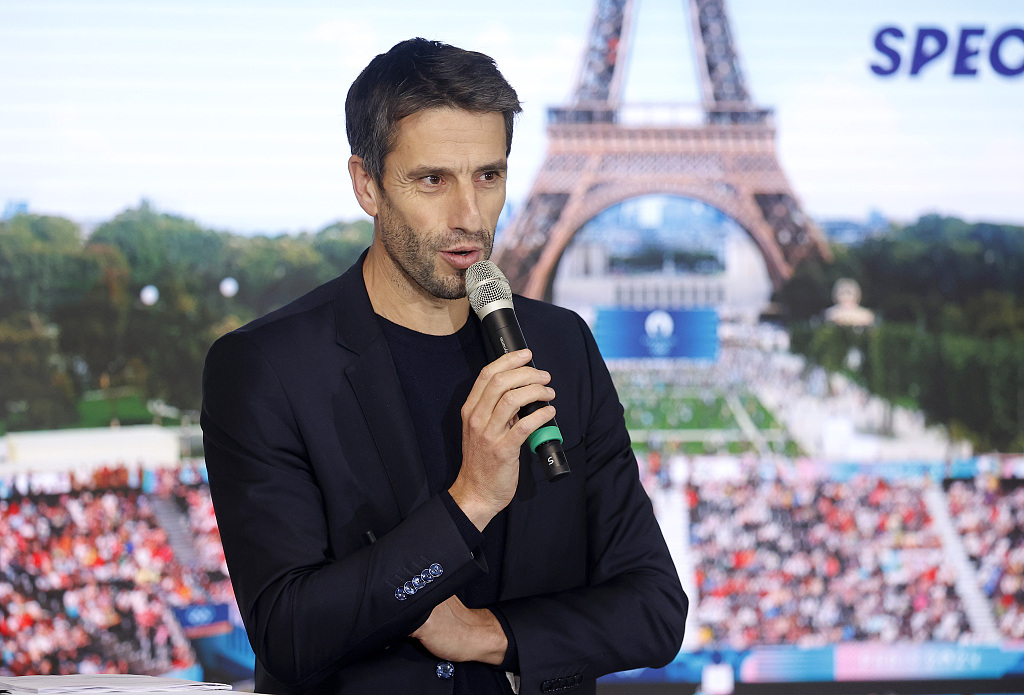 Tony Estanguet, president of the Paris 2024 Olympics, delivers a speech during a press conference in Saint-Denis, France, December 20, 2023. /CFP