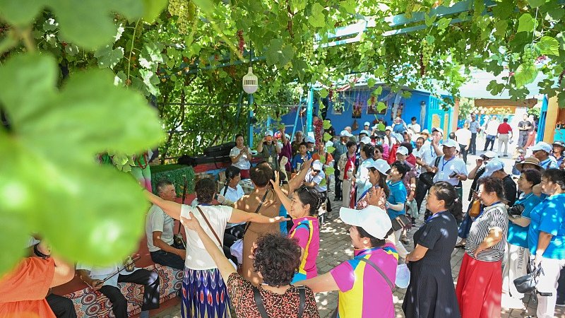 Tourists enjoy a cultural program in a small farmhouse in Hutubi County, Xinjiang Uygur Autonomous Region, China, July 30, 2023. /CFP