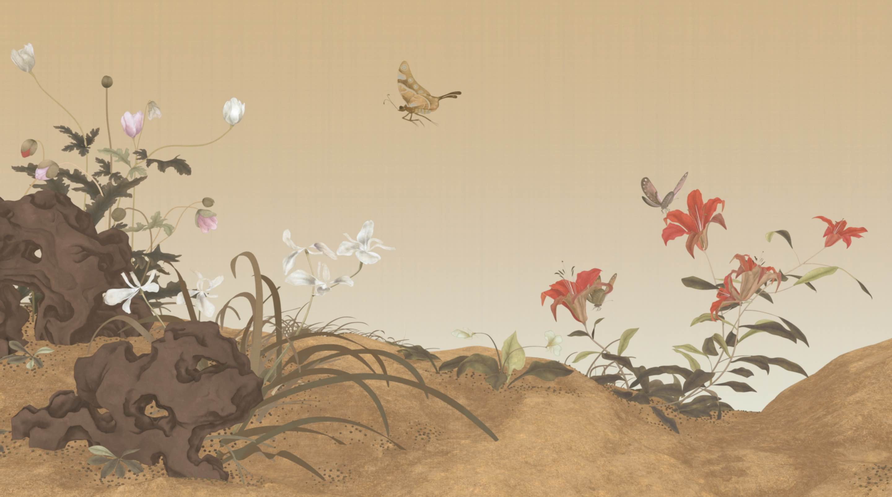 The 3D animated recreation of a Song Dynasty full-length floral scroll vividly captures the subtle shifts of the four seasons and the natural laws of Yin and Yang, all within the digital realm. Amidst the blossoms, bees buzz and butterflies dance, creating an immersive experience where the scent of the flowers seems to fill the air. /CGTN