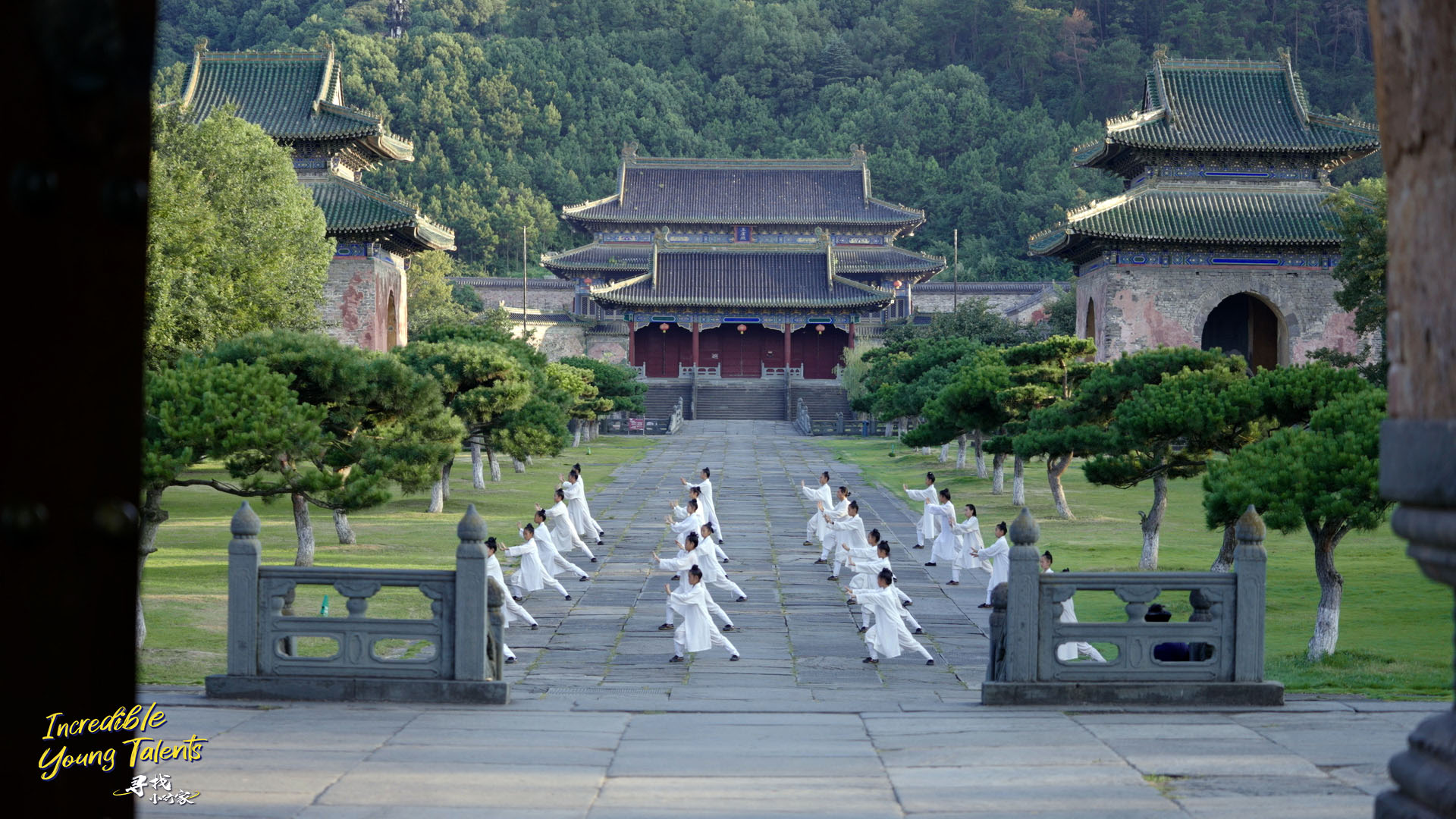 Young students of Tai Chi practice in the Wudang Mountains. /CGTN
