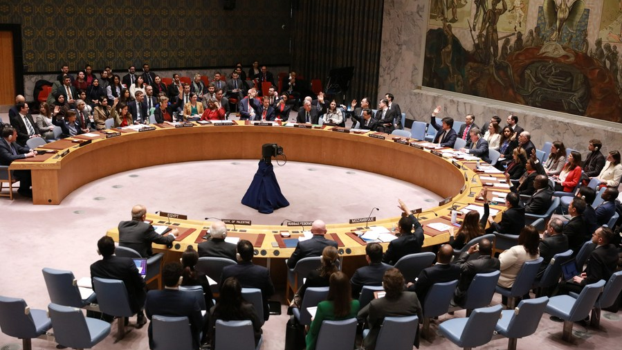 The UN Security Council votes on a draft resolution aimed at boosting the flow of humanitarian supplies into Gaza at the UN headquarters in New York, U.S., December 22, 2023. /Xinhua