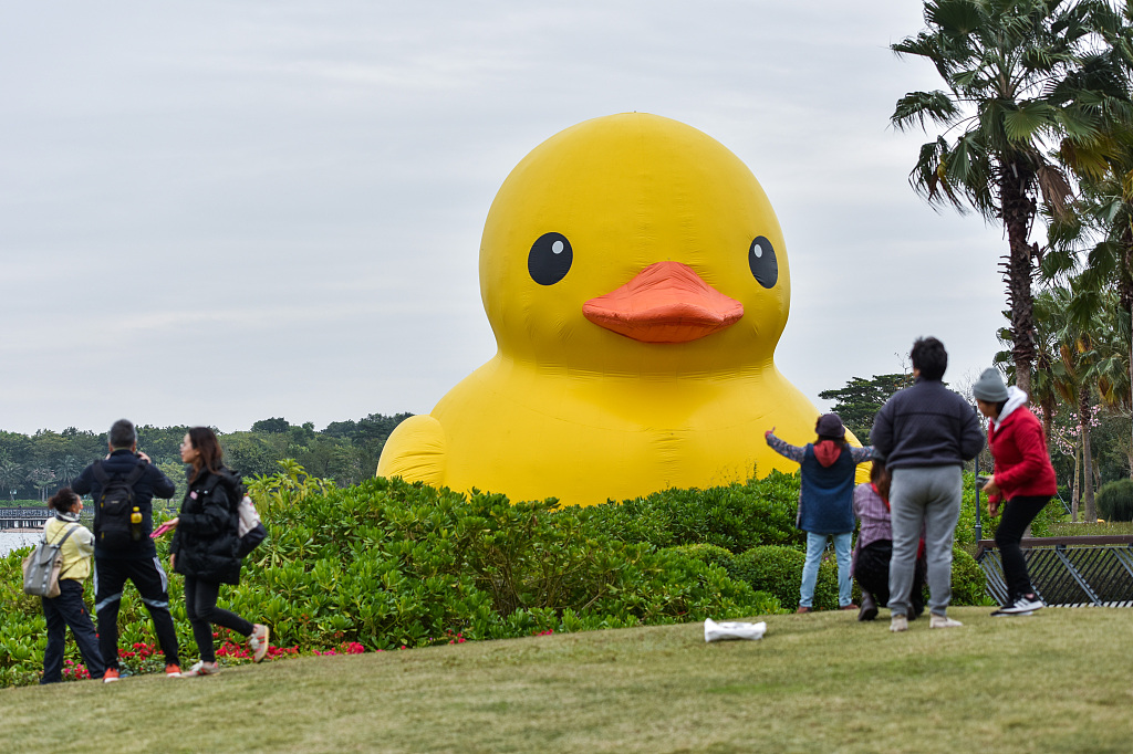 An inflatable giant rubber duck attracts many to visit and pose for pictures at the Shenzhen Talent Park on December 20, 2023. /CFP