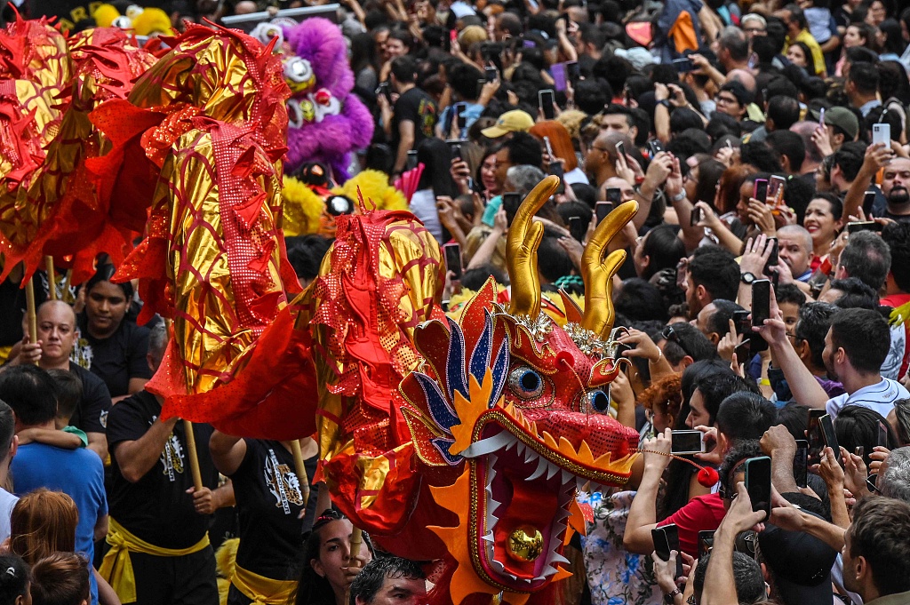 The lion dance is performed during celebrations to mark the Spring Festival in Sao Paulo, Brazil, on February 4, 2023. /CFP