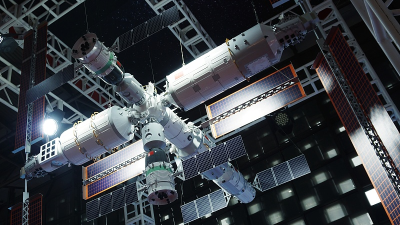 A 1:10 scale model of China Space Station is displayed at an expo in Shanghai, May 10, 2023. /CFP