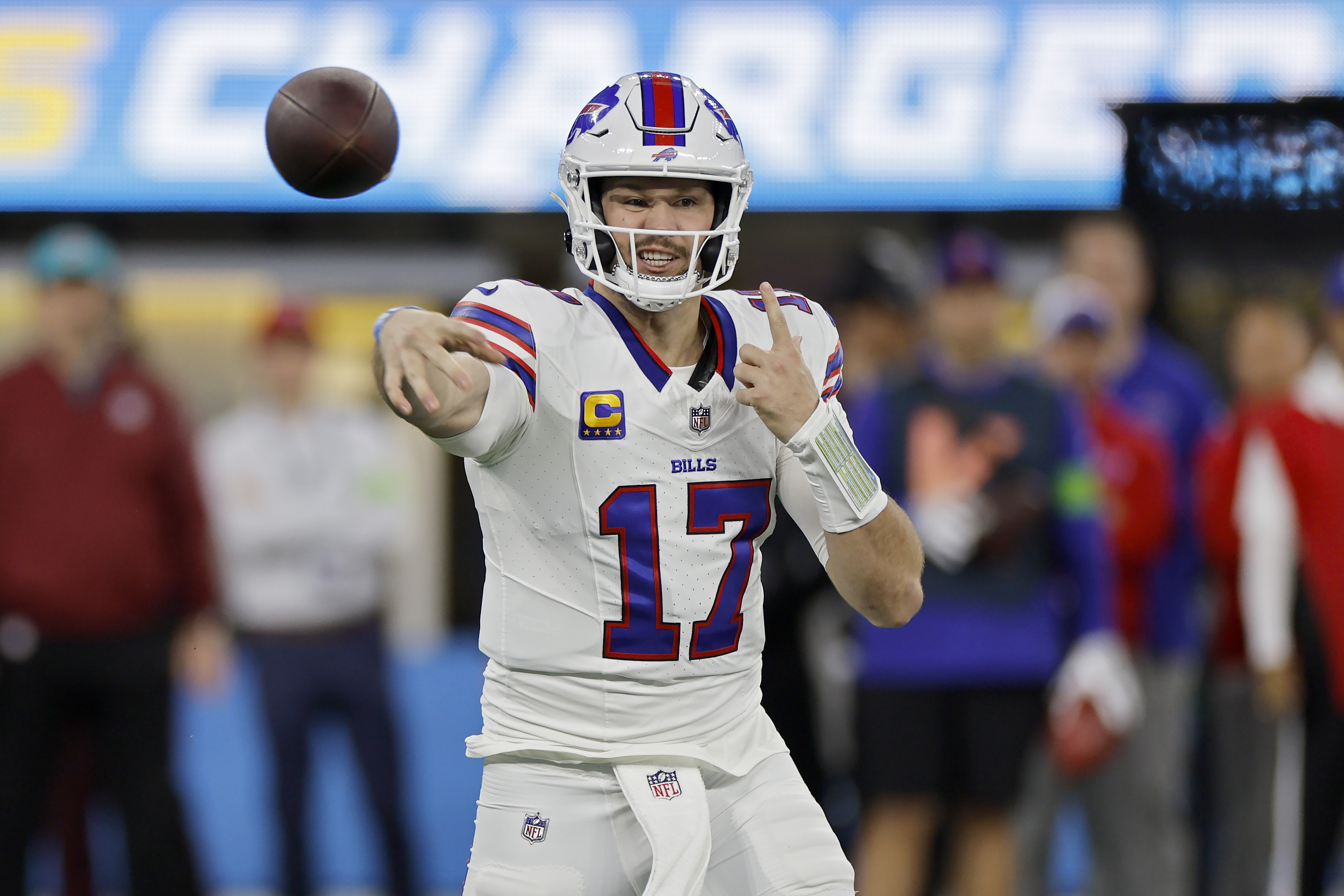 Quarterback Josh Allen of the Buffalo Bills passes in the game against the Los Angeles Chargers at SoFi Stadium in Inglewood, California, December 23, 2023. /CFP