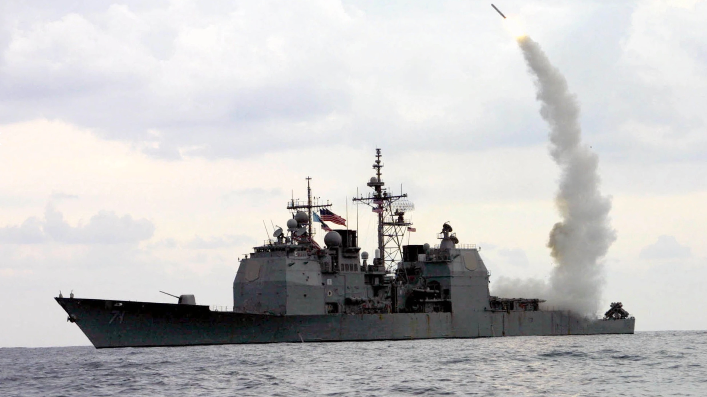 A Tomahawk Land Attack Missile (TLAM) launches from the guided missile cruiser USS Cape St. George (CG71), in operation in the Mediterranean Sea, March 23, 2023. /AP