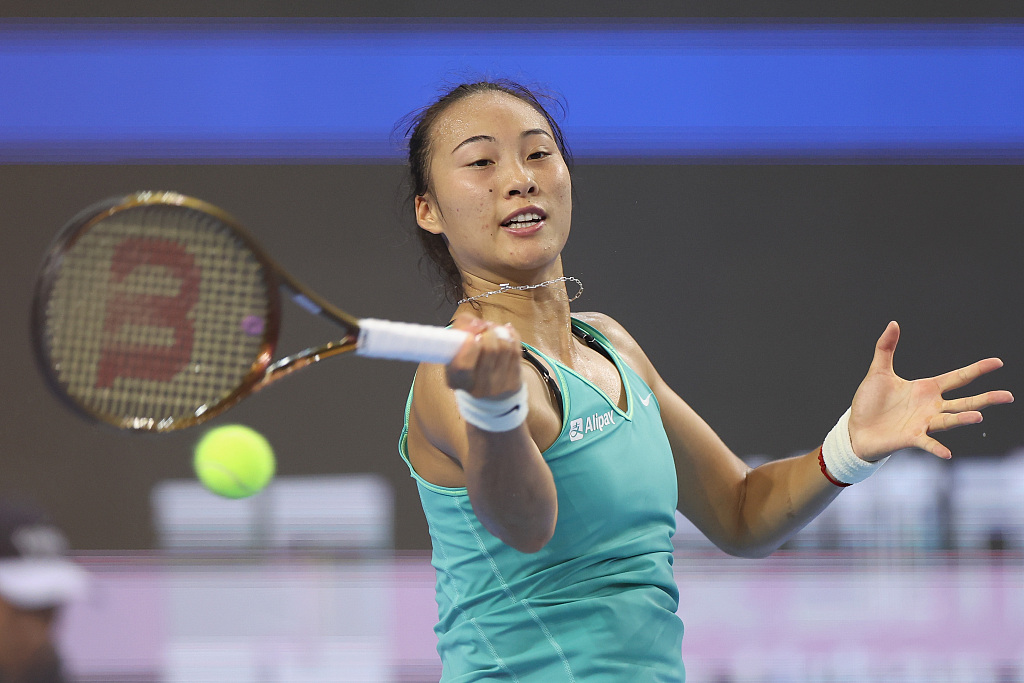 Zheng Qinwen of China competes in the women's singles match against Beatriz Haddad Maia of Brazil (no in picture) at the Elite Trophy Zhuhai in Zhuhai, south China's Guangdong Province, October 19, 2023. /CFP
