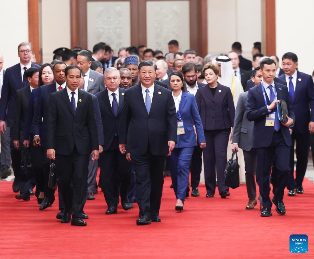 Chinese President Xi Jinping and distinguished guests arrive to attend the opening ceremony of the third Belt and Road Forum for International Cooperation at the Great Hall of the People in Beijing, October 18, 2023. /Xinhua