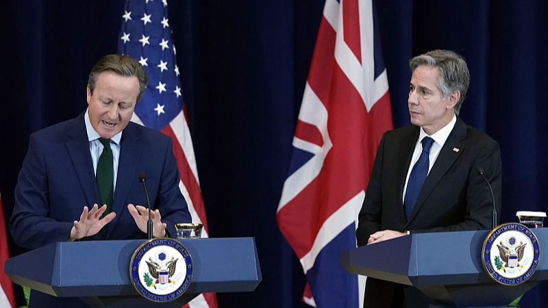 U.S. Secretary of State Antony Blinken and British Foreign Secretary David Cameron speak during a media availability event at the State Department, in Washington, D.C., U.S., December 7, 2023.