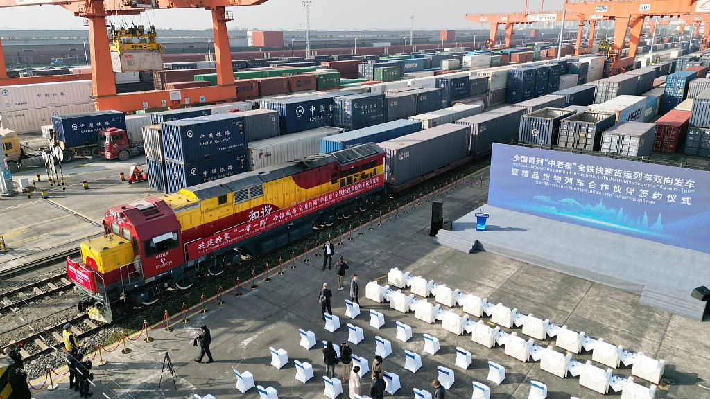 The first China-Laos-Thailand express freight train departing from China, on November 17, 2023. /CFP