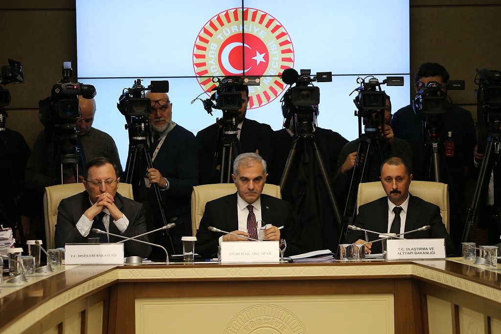 Turkish Deputy Foreign Minister Burak Akcapar (C) and senior officials attend a session of the Grand National Assembly of Türkiye's Foreign Affairs Committee in Ankara, December 26, 2023. /CFP