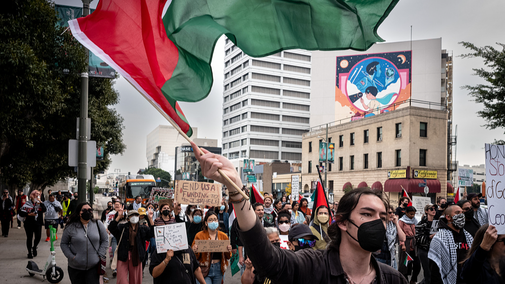 Pro-Palestinian protestors march along the streets in Los Angeles, California, U.S., December 26, 2023. /CFP