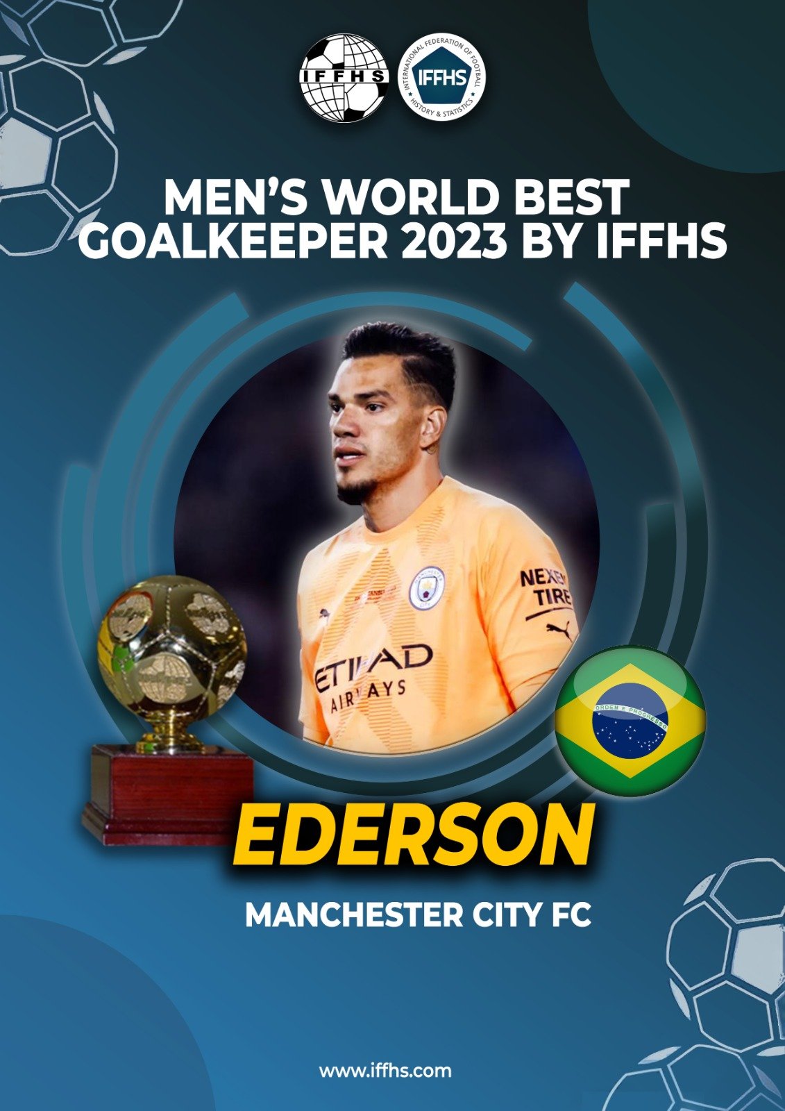 Ederson wins the Men's World Best Goalkeeper 2023 award. /IFFHS