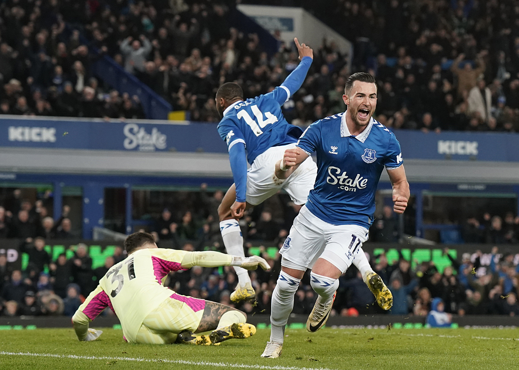 Jack Harrison of Everton celebrates scoring during their Premier League clash with Manchester City at Goodison Park in Liverpool, England, December 27, 2023. /CFP