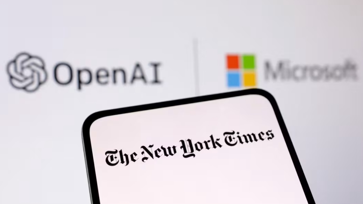 The logos of OpenAI, Microsoft and The New York Times. /Reuters