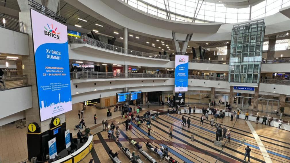 Electronic screens of the 15th BRICS Summit are seen at the O.R. Tambo International Airport in Johannesburg, South Africa, August 16, 2023. /Xinhua