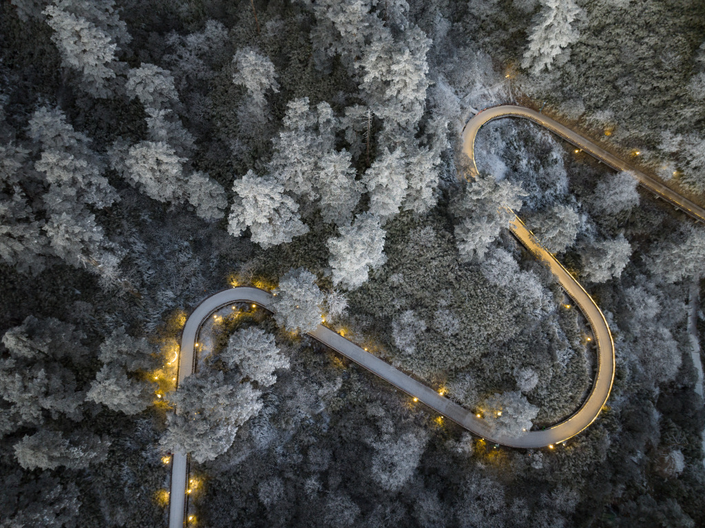 A bird's-eye view of a plank road at Wawushan National Forest Park in southwest China's Sichuan Province on December 24, 2023. /CFP