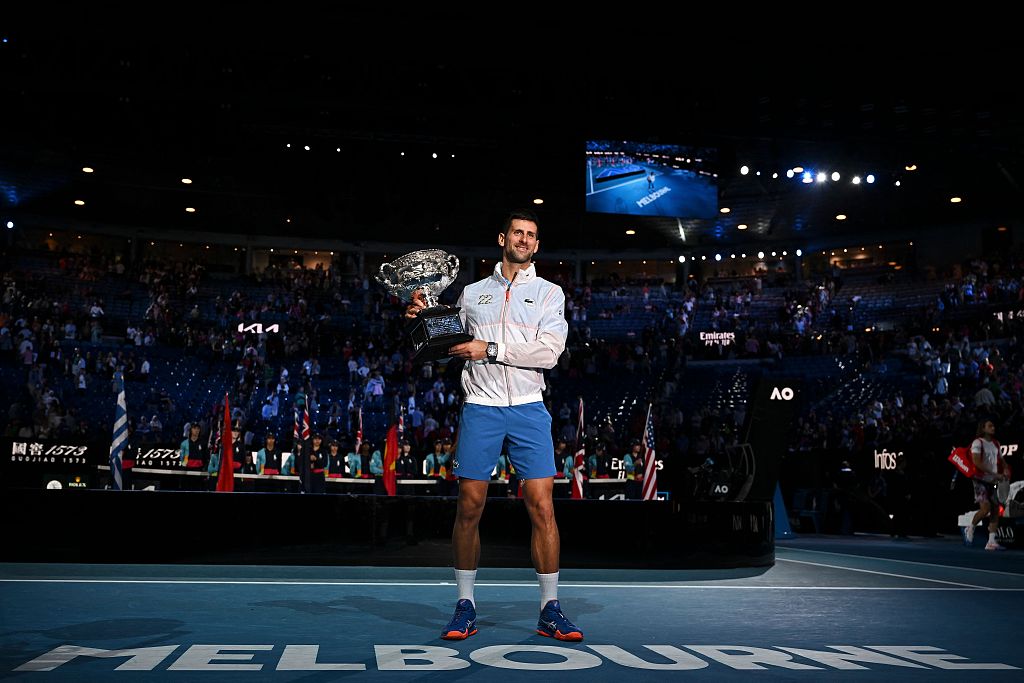 Novak Djokovic of Serbia holds his trophy after winning the Australian Open men's singles title in Melbourne, Australia, January 29, 2023. /CFP
