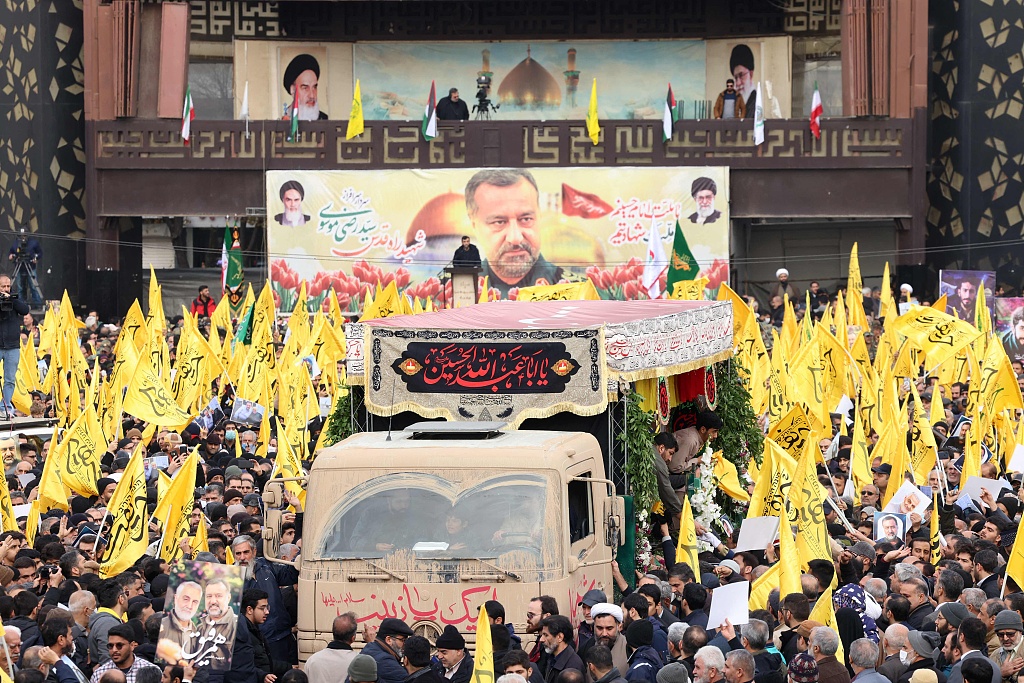 Mourners attend the funeral of Seyyed Razi Mousavi, who was recently assassinated in an Israeli attack in Syria, Tehran, December 28, 2023. /CFP