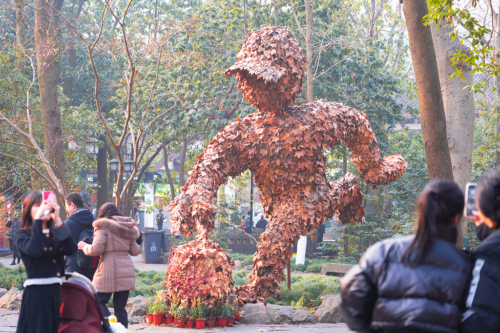 A photo taken on December 9, 2023 shows people taking photos of an installation made from fallen leaves in Hangzhou, Zhejiang Province. /CFP