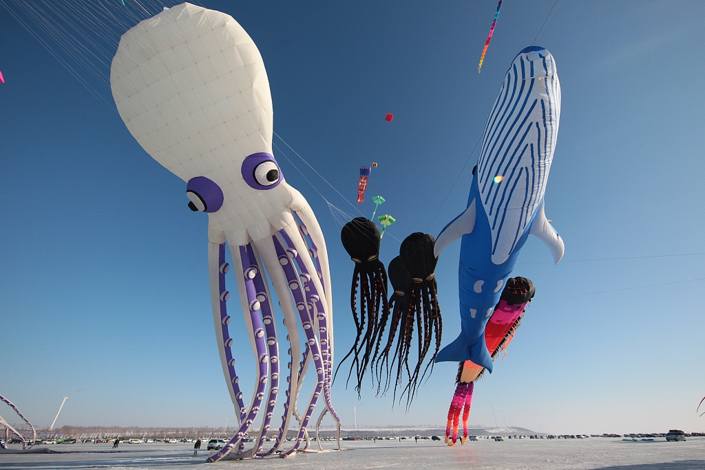 Giant kites shaped like octopuses and whales float in the sky to celebrate a bountiful fishing season at Chagan Lake, northeast China's Jilin Province on December 28, 2023. /CFP