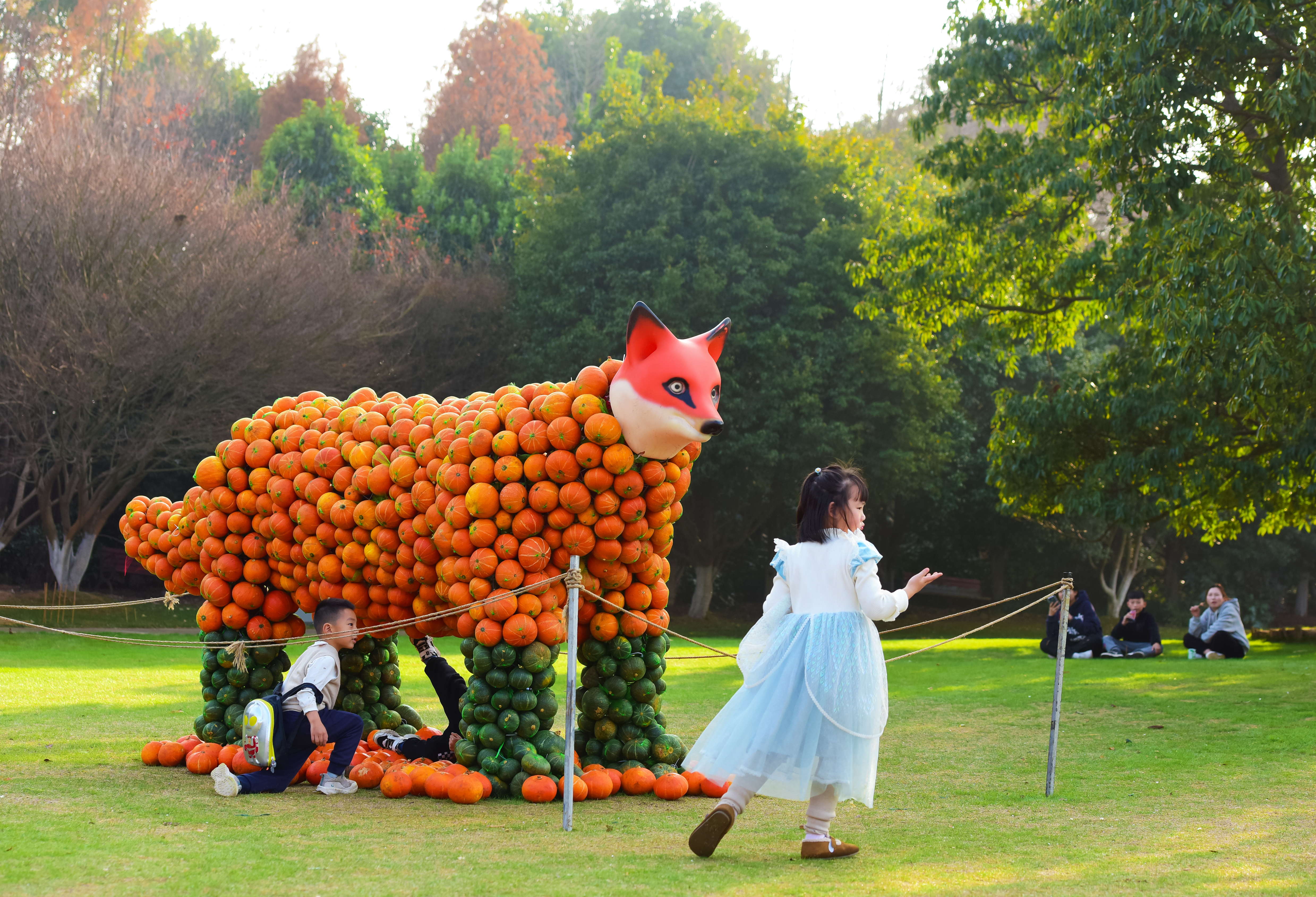A girl poses in front of a fox made out of pumpkins at an art festival held at Fenghuanggou scenic spot in Nanchang, east China's Jiangxi Province on December 31, 2023. /IC