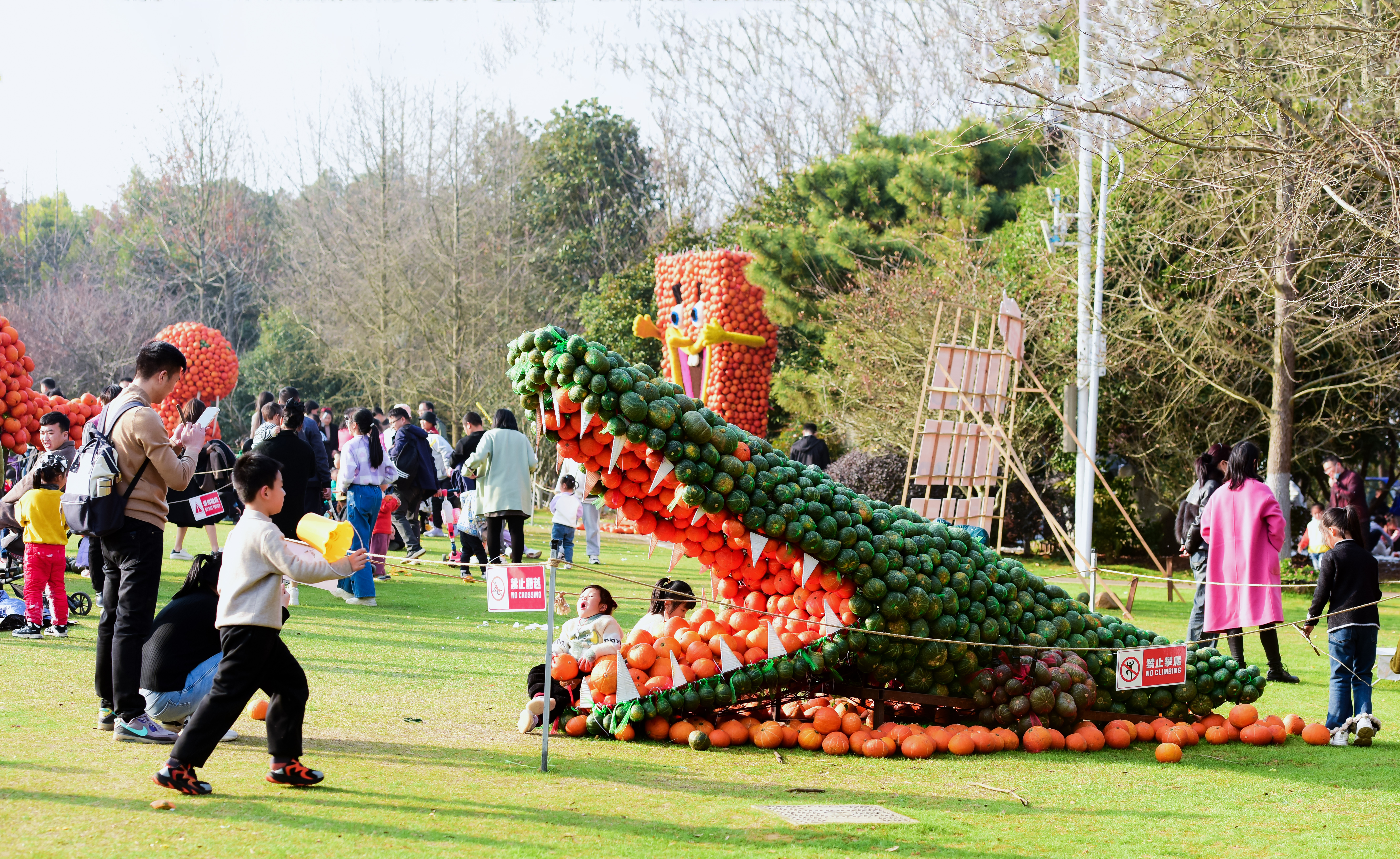 Children play in front of a crocodile assembled from pumpkins at an art festival held at the Fenghuanggou scenic spot in Nanchang, east China's Jiangxi Province on December 31, 2023. /IC