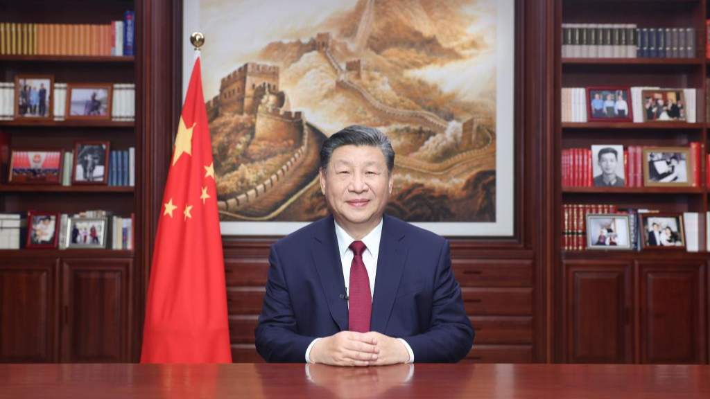 Chinese President Xi Jinping delivers a New Year message via China Media Group and the Internet in Beijing to ring in 2024, December 31, 2023. /Xinhua