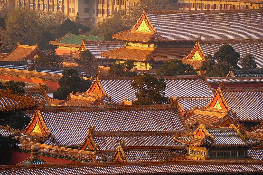 A photo taken on January 1, 2024 shows a dawn view of the Forbidden City in Beijing, China. /CFP
