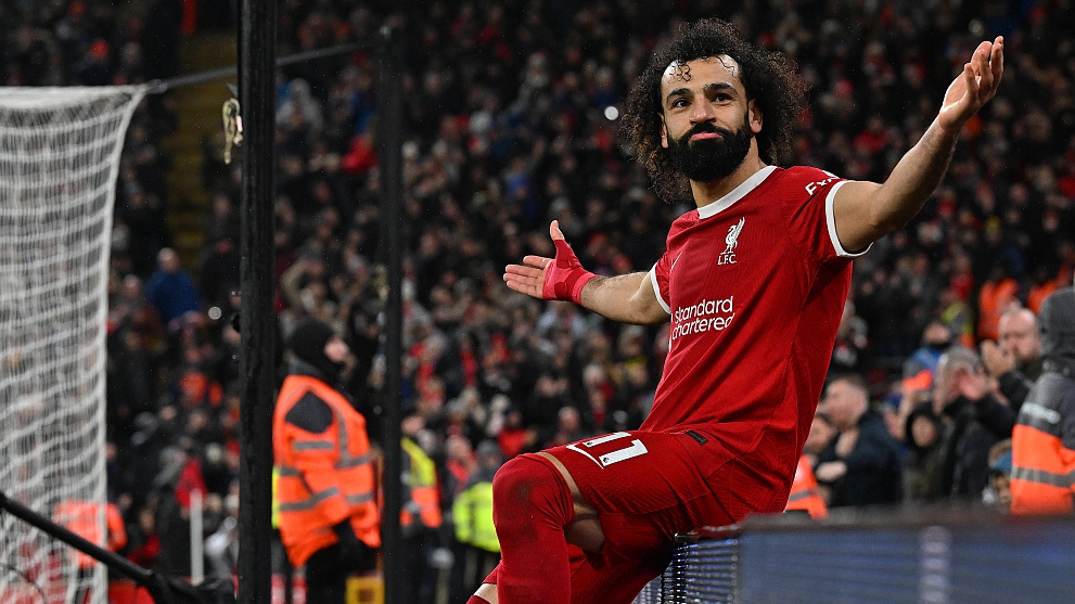 Mohamed Salah of Liverpool celebrates after scoring during their Premier League clash with Newcastle United at Anfield in Liverpool, England, January 1, 2024. /CFP