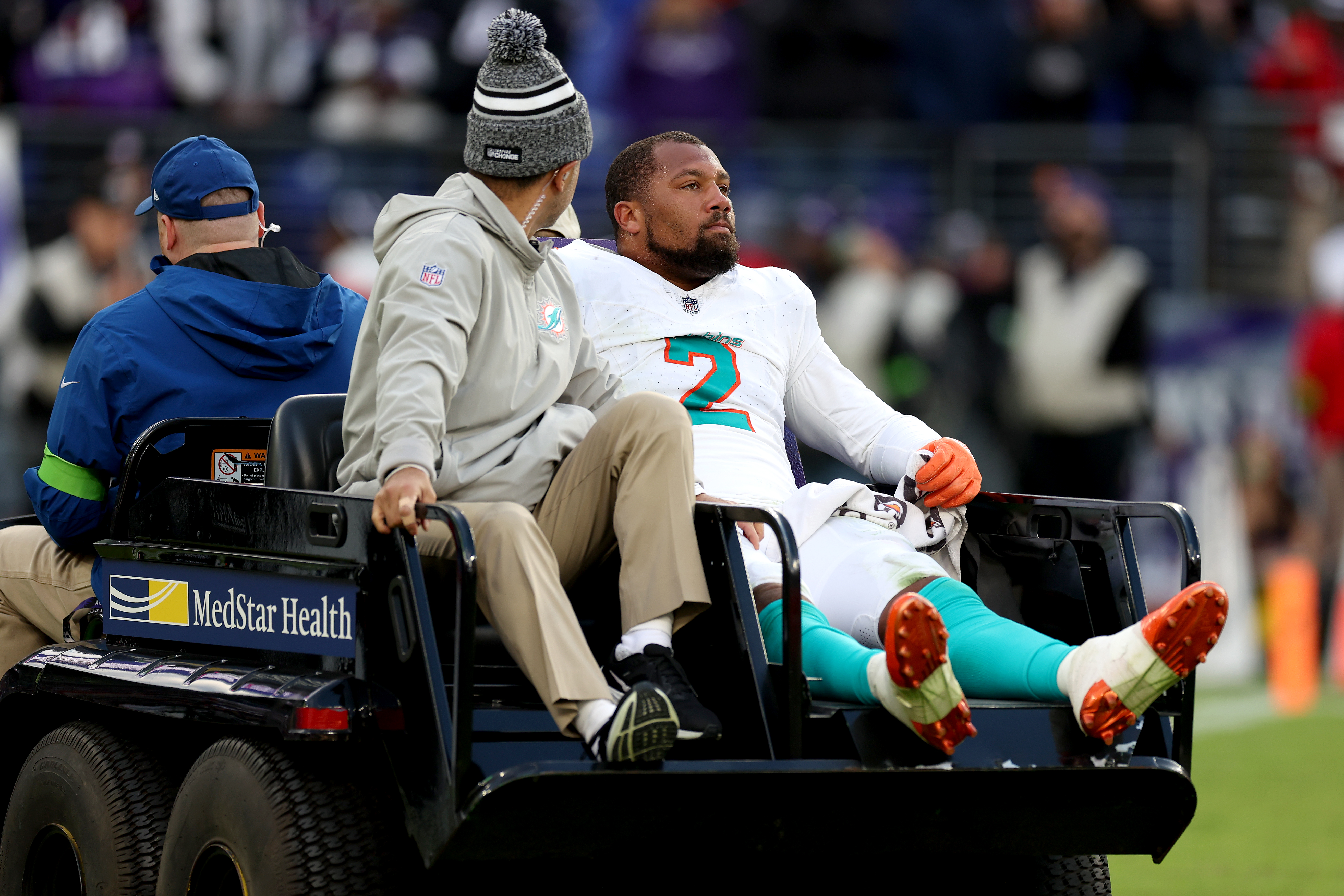 Linebacker Bradley Chubb (#2) of the Miami Dolphins is carted off the game against the Baltimore Ravens at M&T Bank Stadium in Baltimore, Maryland, December 31, 2023. /CFP