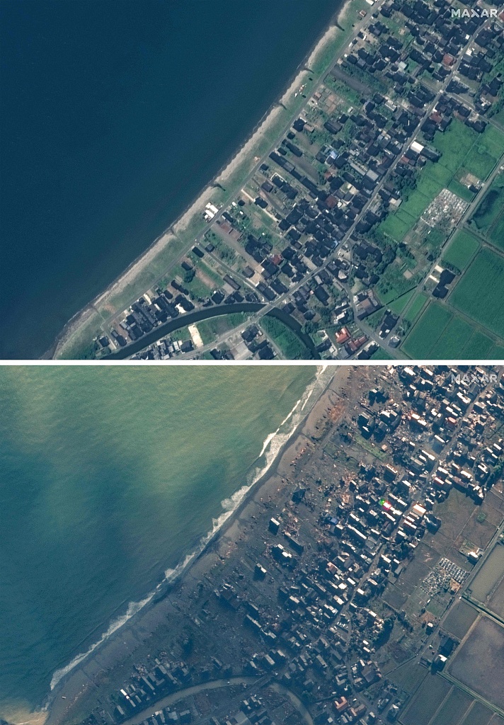 The satellite image shows homes along the coastline near Ukai on August 11, 2022 (top) and the same area on January 2, 2024, a day after a magnitude-7.6 earthquake struck the Noto region in Ishikawa prefecture, Japan. /CFP